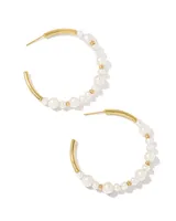 Jovie Gold Beaded Hoop Earrings in White Pearl