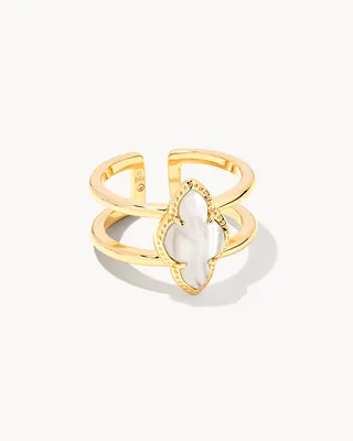 Abbie Gold Double Band Ring Gray Banded Agate