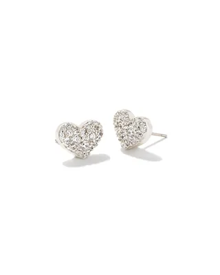 Ari Silver Pave Crystal Heart Earrings in White Crystal