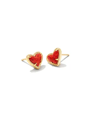 Ari Heart Gold Stud Earrings in Red Kyocera Opal