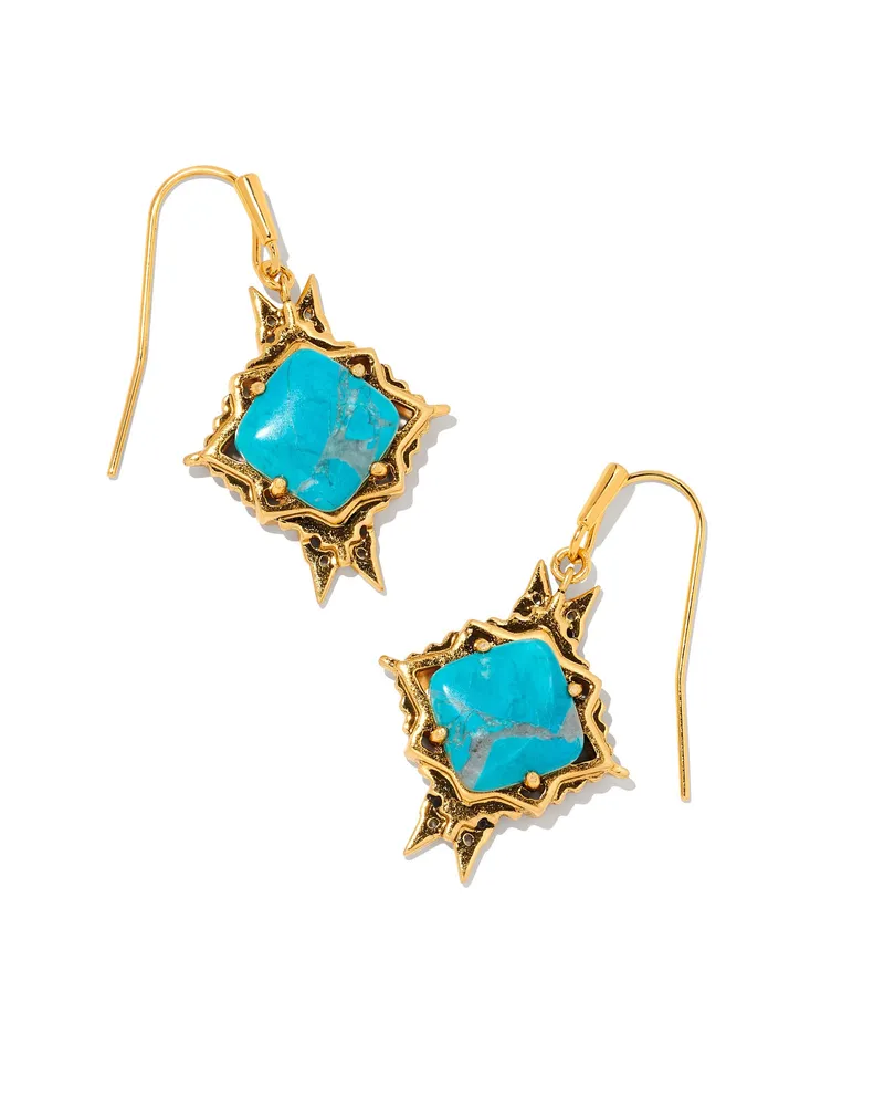 Cass Vintage Gold Drop Earrings in Variegated Dark Teal Magnesite