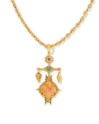 Cass Vintage Gold Large Long Pendant Necklace in Orange Banded Agate