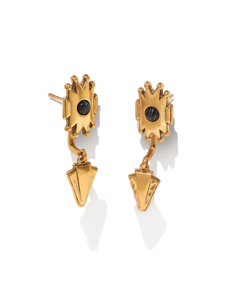 Shiva Vintage Gold Ear Jacket Earrings in Black Banded Agate