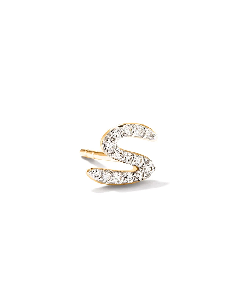 Letter S 14k Yellow Gold Single Stud Earring in White Diamond