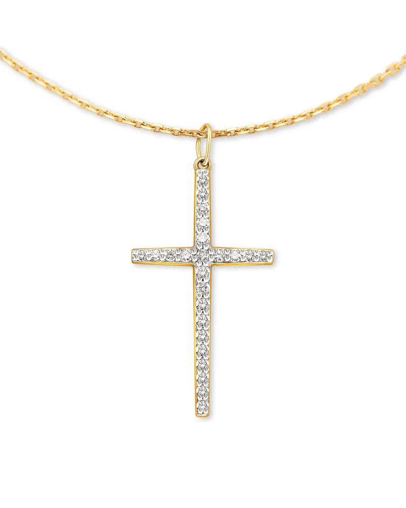 Large Cross 14k Yellow Gold Pendant Necklace in White Diamond