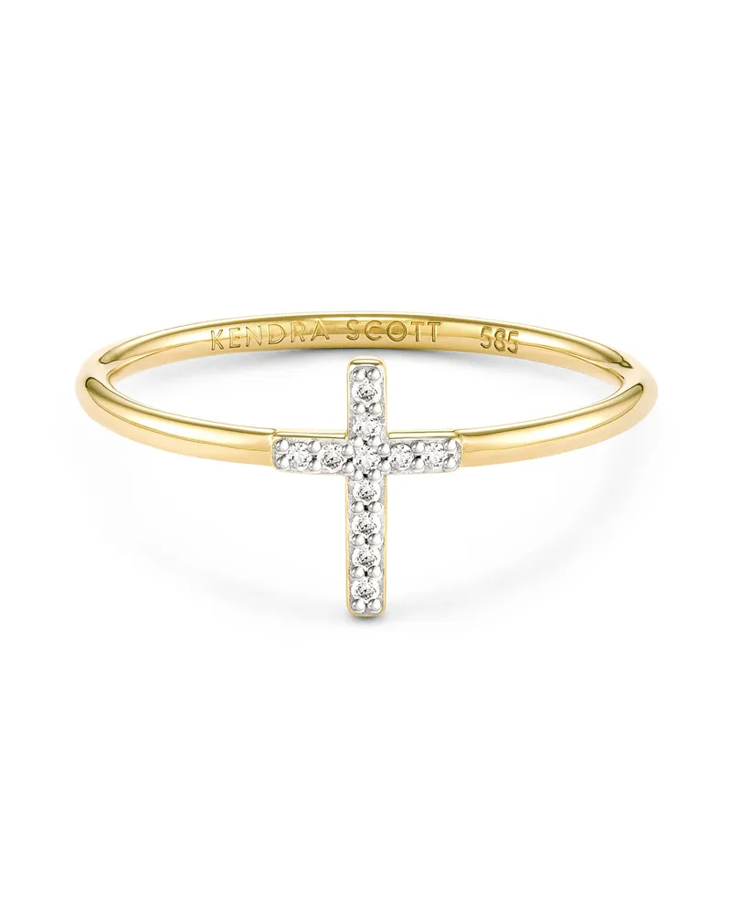 Cross 14k Yellow Gold Band Ring White Diamond