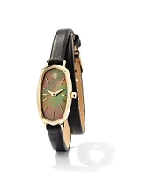 Elle Gold Tone Stainless Steel Leather Wrap Watch Black Mother-of-Pearl