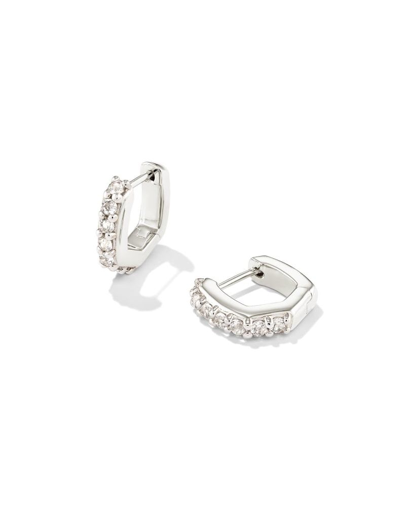 Livy Silver Huggie Earrings in White Crystal