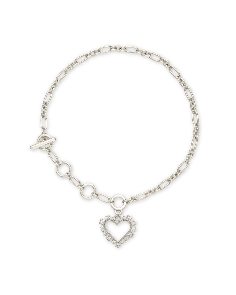 Ari Heart Silver Pendant Necklace in White Crystal