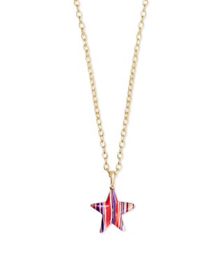 Carved Jae Star Gold Long Pendant Necklace in Pink Rainbow Calsilica