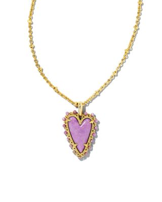 Beaded Ansley Heart Gold Pendant Necklace in Lilac Phosphate