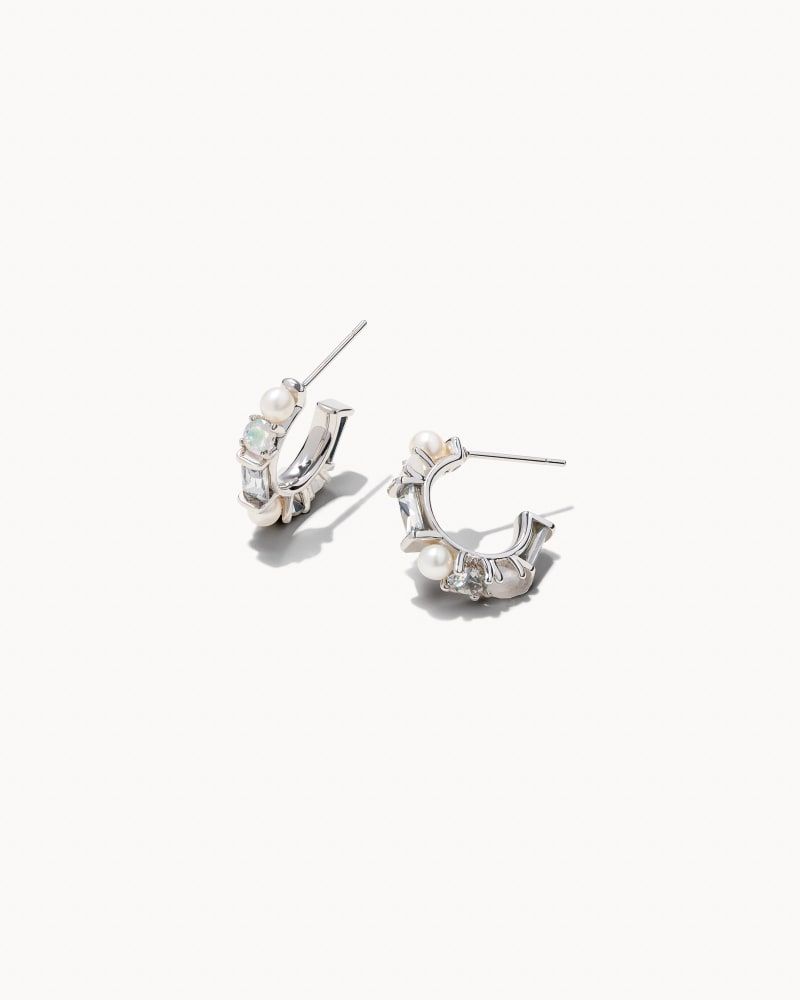 Livy Silver Huggie Earrings in White Crystal