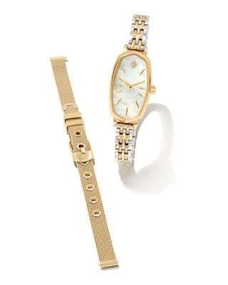 Elle Two Tone Stainless Steel Watch and Watch Band Gift Set in Ivory Mother-of-Pearl