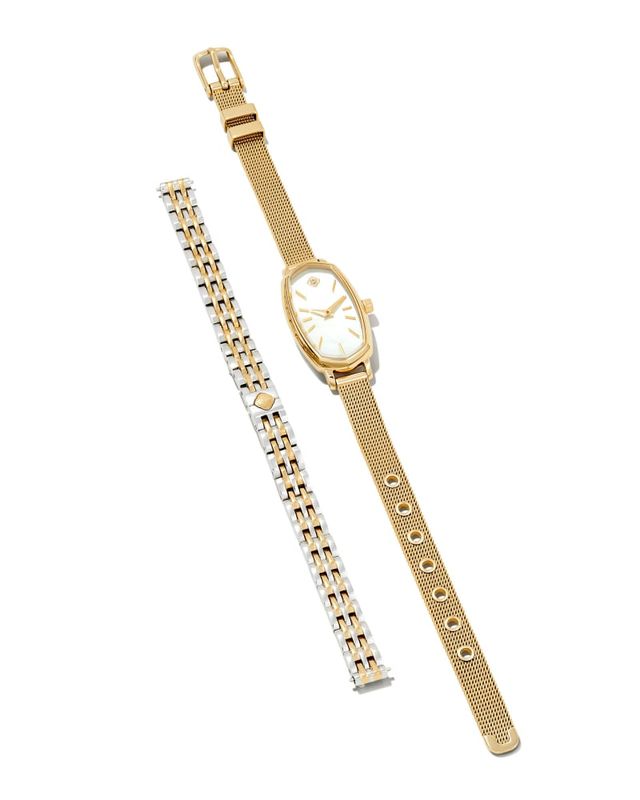 Elle Gold Tone Stainless Steel Leather Wrap Watch in Ivory Mother-Of-Pearl