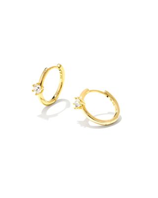 Jackie Gold Huggie Earrings in White Crystal