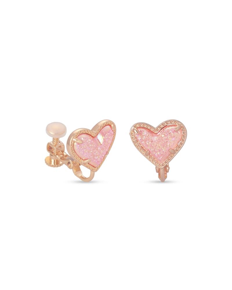 Ari Heart Rose Gold Stud Earrings in Light Pink Drusy
