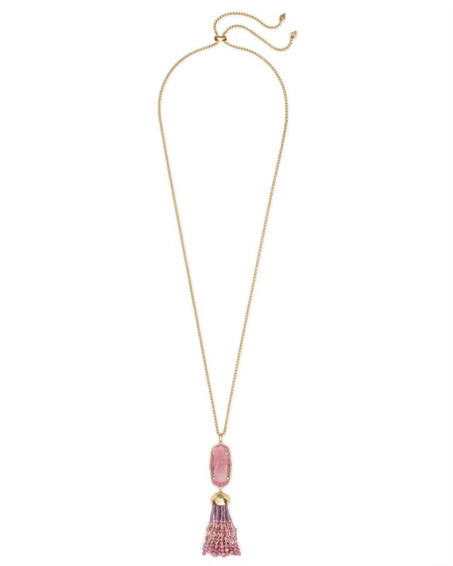 Kendra Scott Carved Jae Star Gold Long Pendant Necklace in Pink Rainbow Calsilica