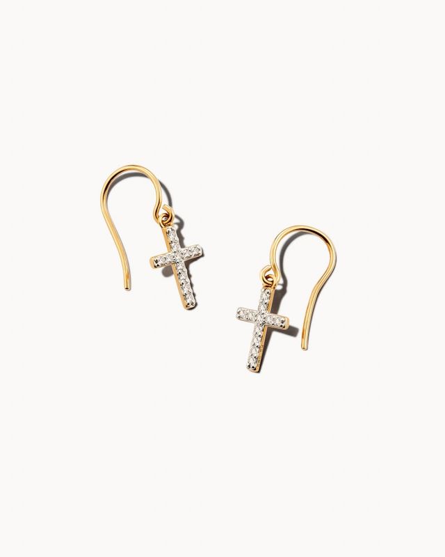 Cross 14k Yellow Gold Stud Earrings in White Diamond