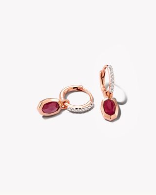 Nellie 14k Rose Gold Convertible Huggie Earrings in Ruby & White Diamond