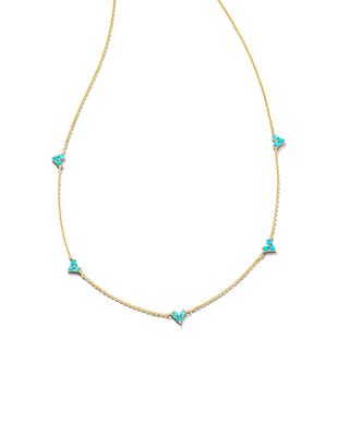 Three Stone Heart 14k Yellow Gold Strand Necklace in Turquoise