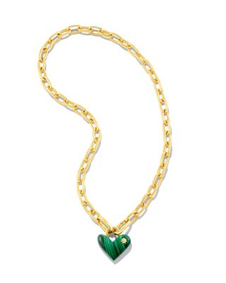 Angie Carved Heart 18k Yellow Gold Vermeil Statement Necklace in Malachite