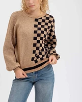 Colorblock Checkered  Crewneck Knit Sweater Khaki LAST ONE!