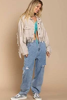 Plus Fringe-Detailed Cropped Denim Jacket