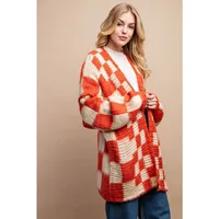 Checkered Sweater Cardigan: Rust / Cream