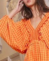 Charlotte Ruffled Checkered Print Romper: Sunset/Sunflower