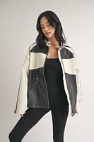 Faux Leather Moto Jacket -  Ivory/Black