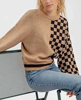 Colorblock Checkered  Crewneck Knit Sweater Khaki LAST ONE!