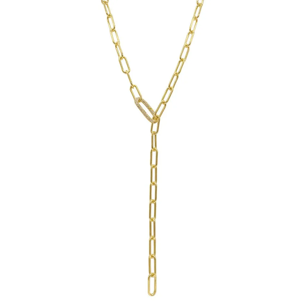 Paper Clip Chain Lariat Necklace with Crystal Lock
