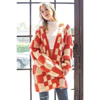 Checkered Sweater Cardigan: Rust / Cream