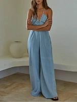 Gwen Denim V-Neck Wide Leg Jumpsuit: Light Blue ONLY 2 LEFT!