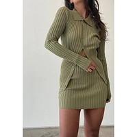 RIB KNITTED BUTTON DOWN TOP SKIRT SET : OLIVE