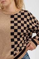 Colorblock Checkered  Crewneck Knit Sweater Khaki LAST ONE!