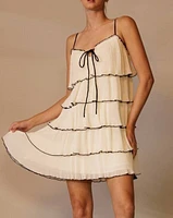 Tiered Plisse Strapless Mini Dress With Front Tie: Cream