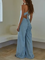 Gwen Denim V-Neck Wide Leg Jumpsuit: Light Blue ONLY 2 LEFT!