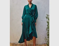 Meet Hazel Satin Ruffled Midi Wrap Dress Deep Teal By Forum