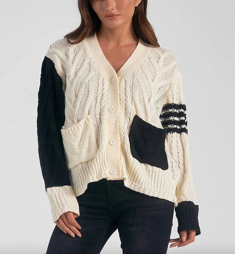 Color Block Sweater Cardigan - Black/White