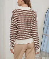 Stripe Collared Long Sleeve Crochet Knit Sweater