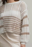 Striped Colorblock Crochet Sheer Knit Sweater