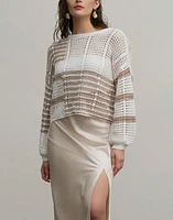 Striped Colorblock Crochet Sheer Knit Sweater