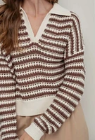 Stripe Collared Long Sleeve Crochet Knit Sweater