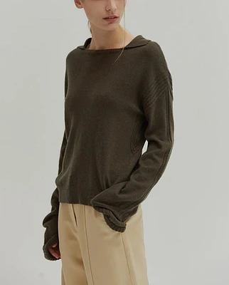 Maline Cashmere Softened Collared Sweater Top Olive Black Friday Special