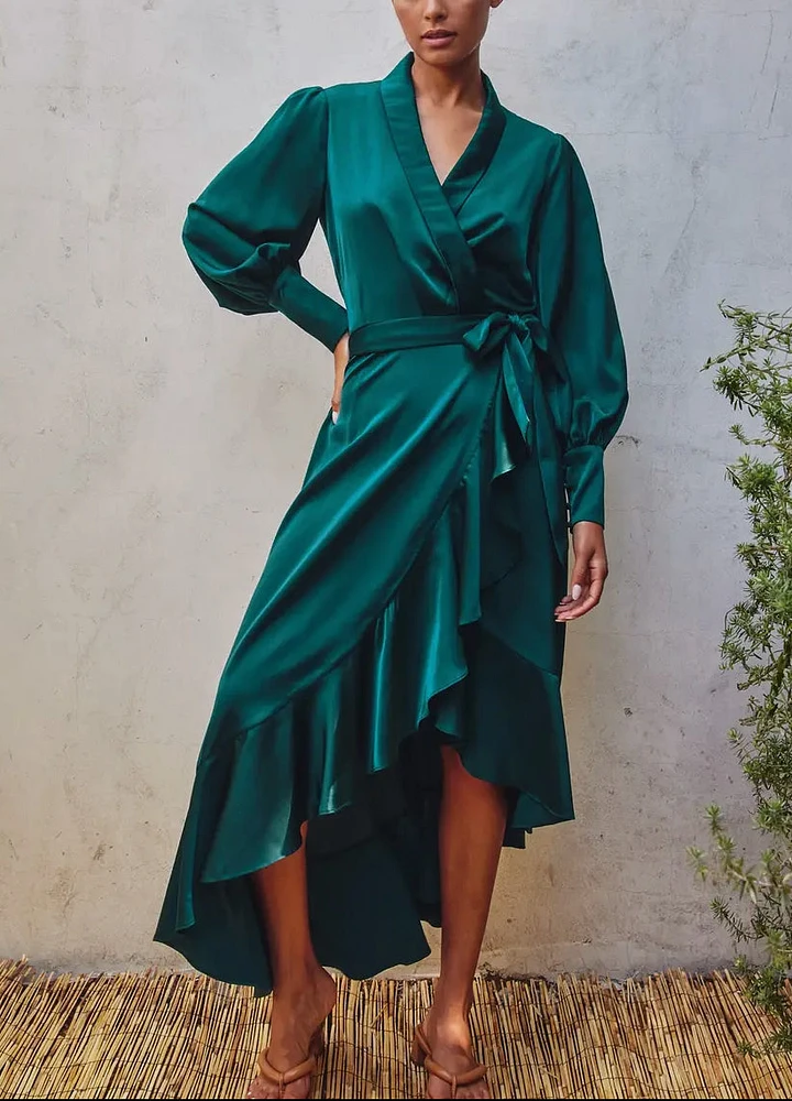 Meet Hazel Satin Ruffled Midi Wrap Dress Deep Teal By Forum