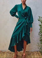 Meet Hazel Satin Ruffled Midi Wrap Dress Deep Teal By Forum