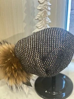 Waffle Beanie Hat With Raccoon Pom Pom