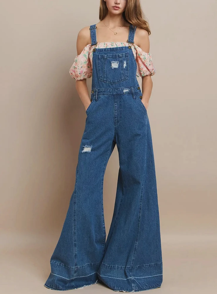 Wide Leg  Distressed Denim Overalls