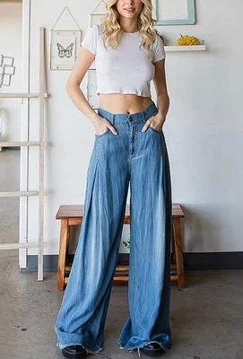 Pleat Wide Leg Denim Jean Pants By Oli & Hali